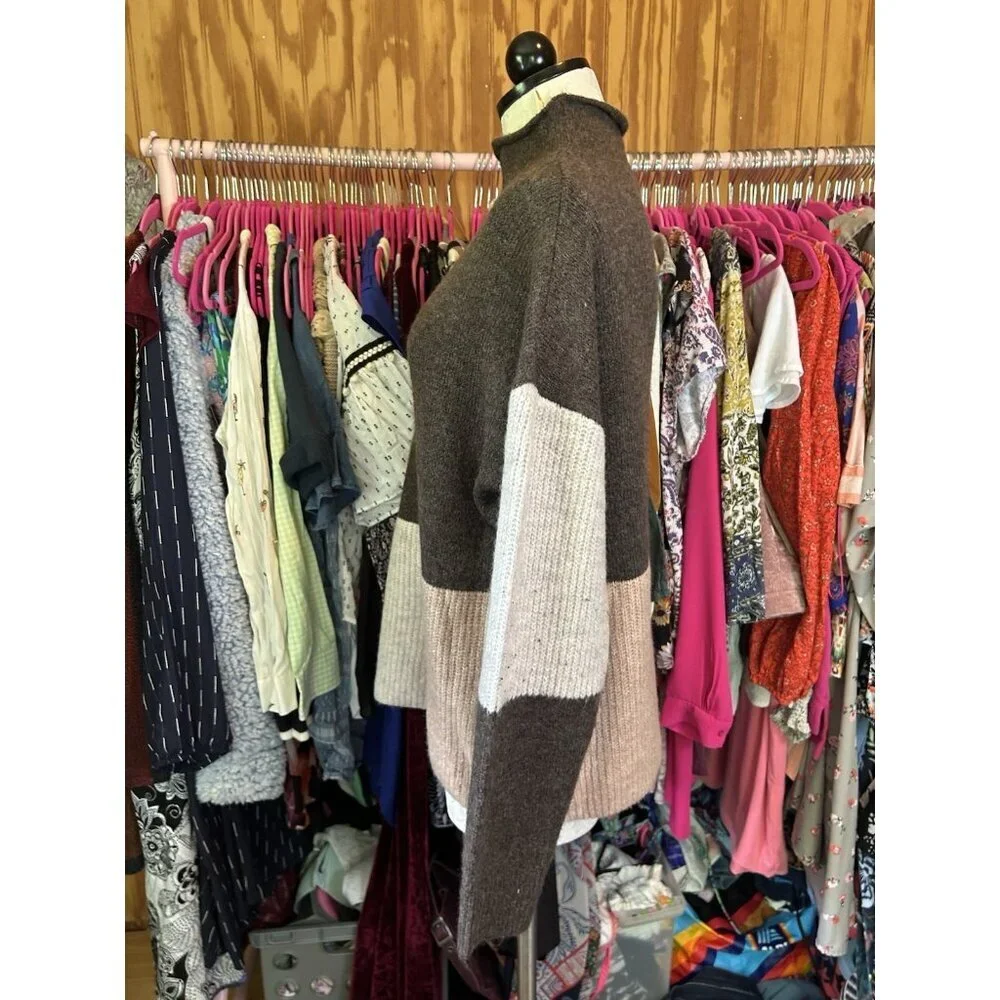 Entro Women's‎ High Neck Cozy Oversized Knit Sweater Colorblock Sz S Boho